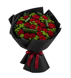 Bukette 21 Kırmızı Gül ve Yeşil Aspidistra