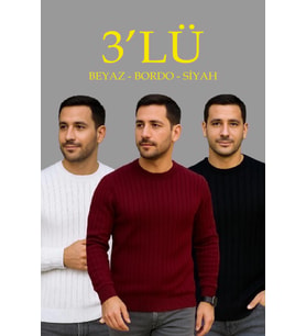 Erkek Fitilli Triko Kazak 3lü Set Beyaz Bordo Siyah Regular Fit Bisiklet Yaka Triko Seti