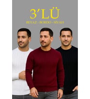 Erkek Fitilli Triko Kazak 3lü Set Beyaz Bordo Siyah Regular Fit Bisiklet Yaka Triko Seti