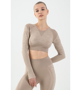 Maraton SlimFit Kadın Bisiklet Yaka  Açık Vizon Crop Top