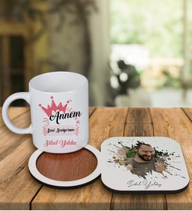 Kişiye Özel Tasarım Kupa Bardak Ve Fotoğraflı Ahşap Bardak Altlığı 99245 (Pembe)