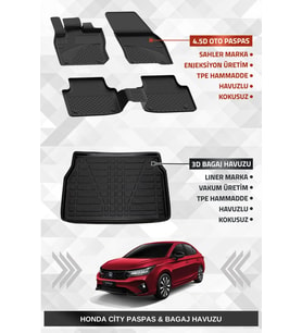 Sahler Honda City 2019+ Uyumlu 4.5D Premium Havuzlu Paspas ve Liner Marka 3D Bagaj Havuzu