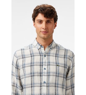 Lacoste Men's Regular Fit Dark Blue Linen Shirt Ekose Keten Erkek Gömlek Koyu Mavi