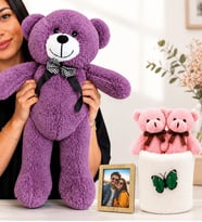 Kişiye Özel Fotoğraflı Büyük Boy Mor Peluş Ayıcık ve Peluş Saksıda Ayıcık Buketi Sevgiliye Hediye Seti