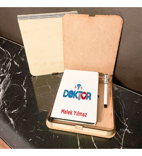 Doktora Hediye Ahşap Kutulu Defter Kalem Set 004