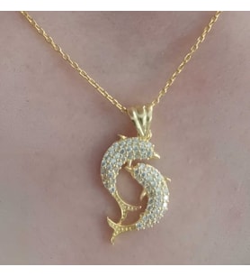 Gümüş Gold Çift Yunus Balığı Kadın Kolye