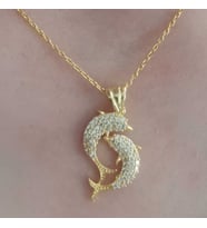 Gümüş Gold Çift Yunus Balığı Kadın Kolye