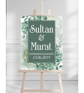 Söz Nişan Düğün İçin 50x70 Karşılama Panosu - Yeşil Çiçek Temalı