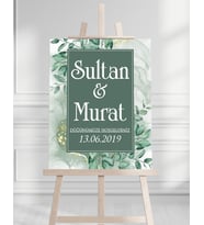 Söz Nişan Düğün İçin 50x70 Karşılama Panosu - Yeşil Çiçek Temalı