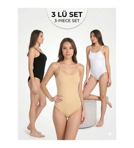 Kadın 3 LÜ SET Pamuklu Likralı İp Askılı Likralı Kancalı Çıtçıtlı Body Zıbın