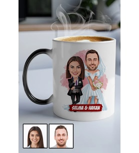 Çiftlere Özel Komik Hediye Gelin Damat Karikatürlü Sihirli Kupa Bardak