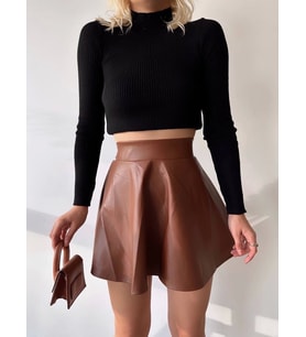 Beli lastikli deri etek kahve