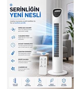 Kule Tipi Vantilatör  3 Kademe Hız, 7.5 Saat Zamanlayıcı, Uzaktan Kumandalı, Sessiz Çalışma, Salınımlı Fan, 45W