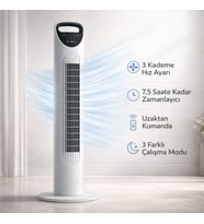 Kule Tipi Vantilatör  3 Kademe Hız, 7.5 Saat Zamanlayıcı, Uzaktan Kumandalı, Sessiz Çalışma, Salınımlı Fan, 45W