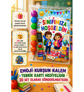 20 Adet Okula Yeni Başlayan Öğrencilere Sınıfımıza Hoşgeldin Yazılı Hediye Seti 1. Sınıf- Sene Başı Hatırası Emoji Kurşun Kalem Tebrik Kartı Hediyeli