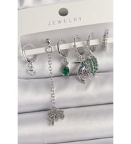 Pirinç Gümüş Renk Sallantı Zirkon Taşlı Ağaç Figür Çoklu Kadın Küpe Set - SSSSSS1480-3