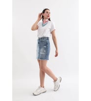 Kadın Mavi Renk Bloklu Yırtık Jean Etek