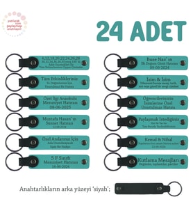 Müşterilerinize Kurumsal Hediye, 24'lü Set, İsim Yazılabilir Deri Anahtarlık, Koyu Turkuaz & Siyah