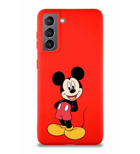 Samsung Galaxy S21 Soft Premier Kapak Mickey Mouse-B Tasarımlı Silikon Kılıf - Kırmızı (Şeffaf)