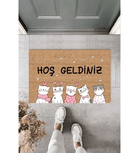 Hoş Geldiniz Yazılı Sevimli Kediler Kapı Paspası 40 x 60 cm