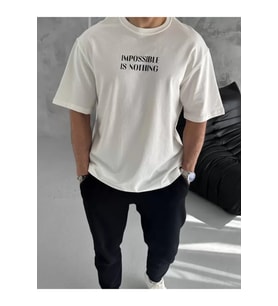 Unisex Bisiklet Yaka Baskılı Oversize T-Shirt - Beyaz