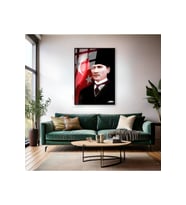 Atatürk ve Bayrak Metal Çerçeveli Cam Tablo Dikey Duvar Tablosu Ofis Ev Dekoru Atatürk Portresi (Siyah)