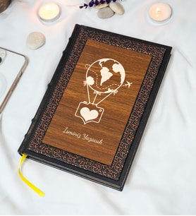 Uçan Balon Desenli Termo Deri + Ahşap Anı Defteri - Çizgili Defter - Hediyelik (17x24 cm- 320 Sayfa)