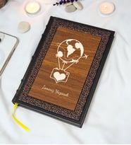 Uçan Balon Desenli Termo Deri + Ahşap Anı Defteri - Çizgili Defter - Hediyelik (17x24 cm- 320 Sayfa)