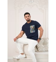 Bisiklet Yaka Önü Baskılı Pamuklu Likralı Basic Regular Fit T-shirt (Lacivert)