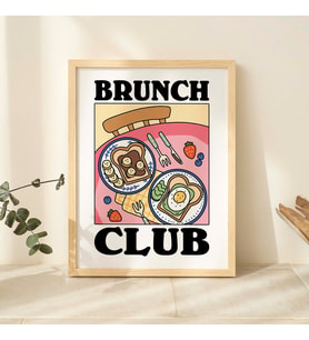 Eklektik Pembe Mutfak Baskısı, Brunch Club Cafe Posteri, Krep Yemek İllüstrasyonu, Sevimli Yemek Odası Baskıları