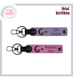 Göktürk Gücünü Taşıyan Deri Anahtarlık – Kişiye Özel Çocuk Ve Ayyıldız Hediye Takımı, Mor-Pembe