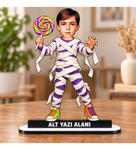 Fotoğraftan Kişiye Özel Halloween Mumya Kostümlü Karikatürlü 18 cm MDF Masaüstü Biblo - Masaüstü Hediye