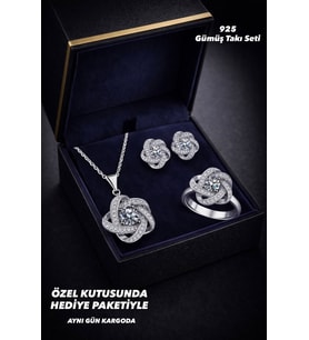 925 Ayar Damgalı Gümüş Kaplama Sonsuzluk Düğümlü Pırlanta Görünümlü Kolye Küpe Yüzük Takı Seti Hediye Set