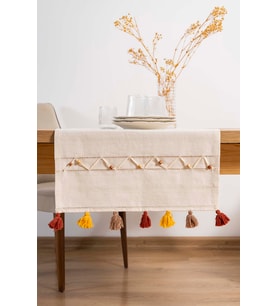 Ruffle Boncuk & Püsküllü %100 Pamuklu Ham Keten Runner 50x130 cm