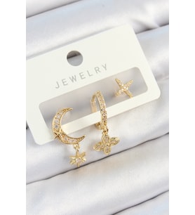 Pirinç Zirkon Taşlı Çiçek Ve Ay Model Gold Renk 3'lü Çift Kadın Küpe S - HPSBYI5123-5