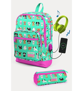 Coral High Kids Su Yeşili Neon Pembe Köpek Desenli USB'li 2'li Okul Çanta Seti - Kız Çocuk
