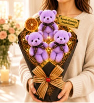Kişiye Özel Yazılı Premium LED Işıklı Büyük Boy Mor Ayıcık Buketi ve Peluş Ayıcık Hediye Seti