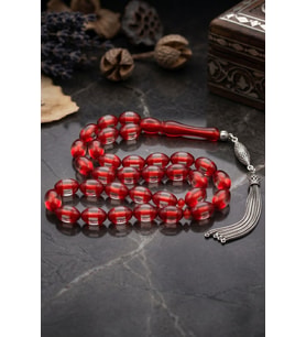 Surmeli Sıkma Kehribar Taşlı Arpa Kesim Tesbih 925 Ayar Gümüş Püsküllü 12*8 mm 902774
