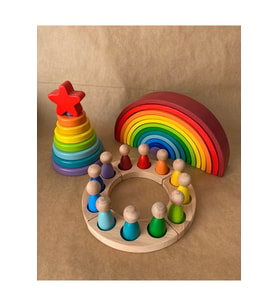 12'li Waldorf Gökkuşağı Peg Bebek Tabla Yıldız Kule Waldorf Eğitsel Ahşap Oyuncak Jumbo 3 lü Set
