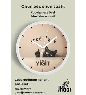 İsme Özel Good Luck Kedi Çocuk Odası Duvar Saati Orta Boy 30 cm Beyaz Camlı Sessiz