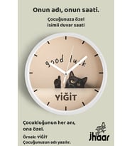 İsme Özel Good Luck Kedi Çocuk Odası Duvar Saati Orta Boy 30 cm Beyaz Camlı Sessiz