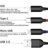 Şarj ve Data Aktarım Kablosu, 60W - 3A USB A, Type C (Usb c), Micro USB, Lightning Uyumlu 3 ü 1 Arada Çoklu Kablo