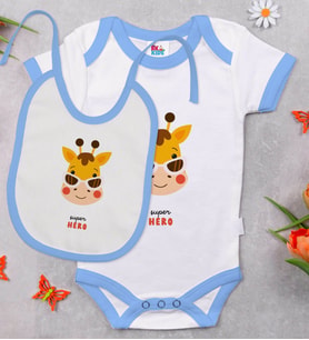 BK Kids Super Hero Tasarımlı Mavi Bebek Body Zıbın ve Mama Önlüğü Hediye Seti-1