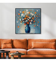 Yağlı Boya Dokulu Tablo Vazoda Renkli Modern Çiçekler Siyah Çerçeveli U02061