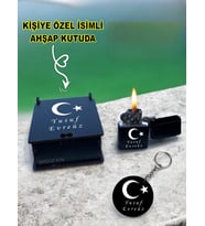 Kişiye Özel Isimli Ayyıldız Tasarım Siyah Benzinli Çakmak Ve Anahtarlık Özel Ahşap Kutusunda
