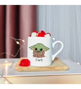 Baby Yoda Tasarımlı Ahşap Tabaklı Kişiye Özel Türk Kahvesi Fincanı