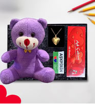 Romantik Hediye Sevgiliye 25cm Mor Ayıcık Çelik Kalp Kolye Aşk Çeki ve Aşkpirin Sevgiliye Hediye Kutusu