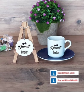 Damat Türk Kahvesi Fincanı Lacivert ve Ahşap Anahtarlık Hediye (Model 1)
