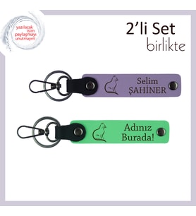 Kediye Hayran Ruhlara, Pati Temalı, Kişisel Yazılı Deri Anahtarlık, Mor Menekşe-Fıstık Yeşil