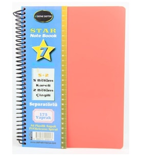 Defne Star Spiralli A4 Plastik Kapak Ayraçlı Defter 5 Kareli+2 Çizgili 175 Yaprak